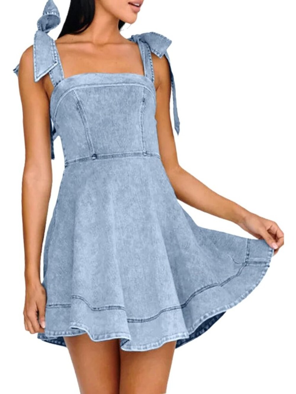 Summer Tie Shoulder Sleeveless Denim Mini Dress - Ruffle A-Line Swing Style